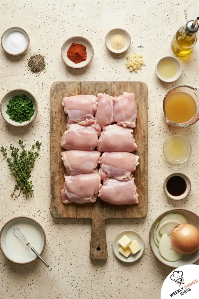 Ingredients for Instant Pot Chicken Thighs including chicken thighs, onion, broth, paprika, garlic, lemon, Worcestershire, and parsley