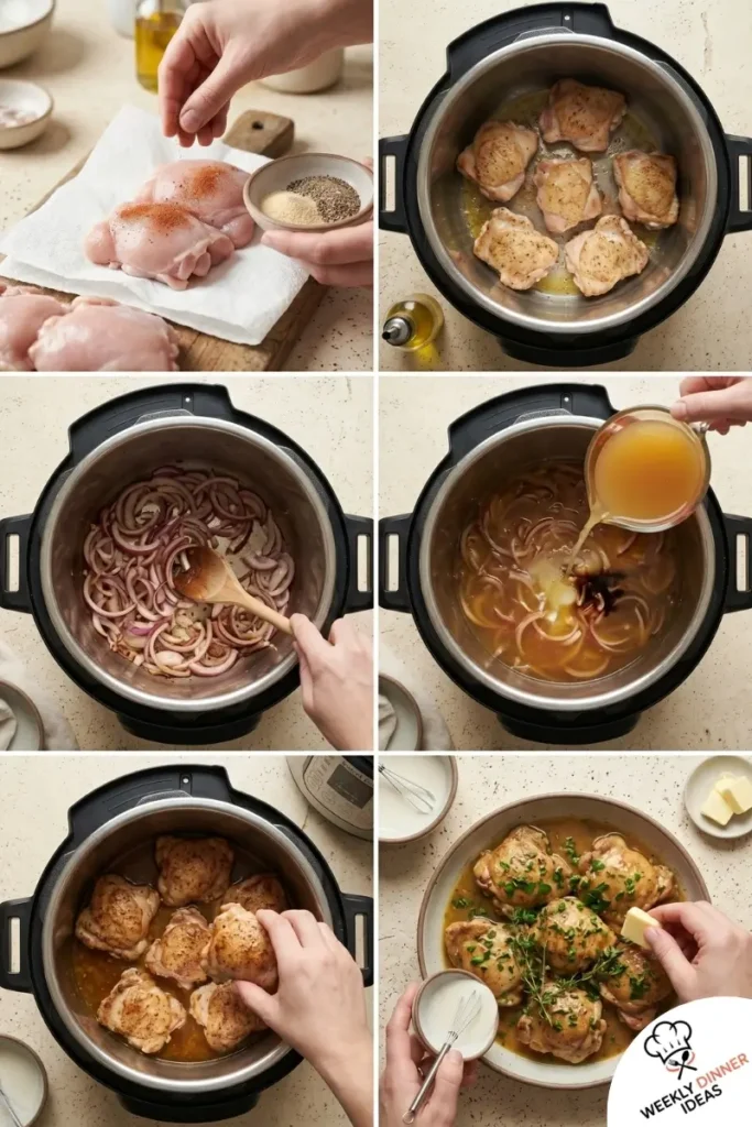 Step-by-step collage showing how to make Instant Pot Chicken Thighs from seasoning and searing to pressure cooking and sauce