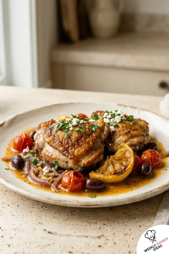 Final plated Mediterranean Chicken Thighs with crispy skin, tomatoes, olives, lemon, and feta