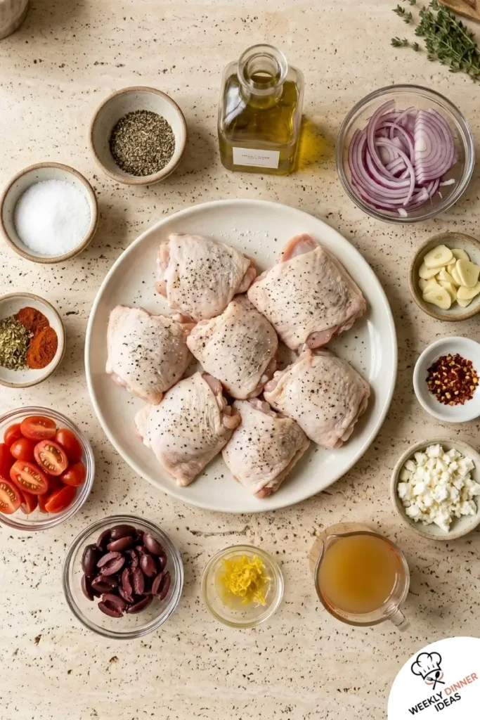 Ingredients for Mediterranean Chicken Thighs including chicken thighs, tomatoes, olives, lemon, red onion, garlic, oregano, and feta