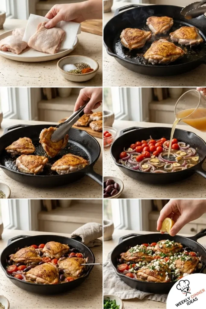 Step-by-step collage showing how to make Mediterranean Chicken Thighs from seasoning and searing to roasting and finishing