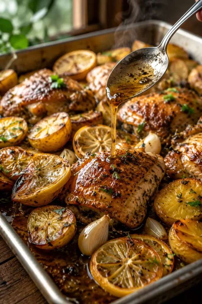 sheet-pan-lemon-balsamic-chicken-potatoes-final Close-up of Sheet Pan Lemon Balsamic Chicken and Potatoes with crispy chicken skin, caramelized potatoes, lemon slices, parsley, and glossy glaze.