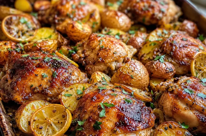 Sheet Pan Lemon Balsamic Chicken and Potatoes with crispy chicken thighs, golden potatoes, lemon slices, garlic, parsley, and glossy balsamic glaze.