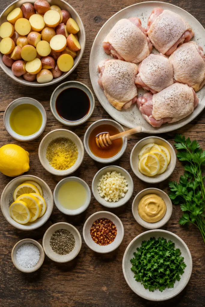 sheet-pan-lemon-balsamic-chicken-potatoes-ingredients Ingredients for Sheet Pan Lemon Balsamic Chicken and Potatoes arranged on a rustic wooden kitchen table.