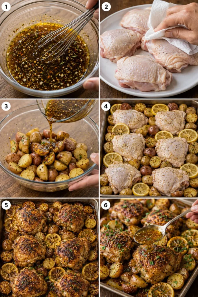 sheet-pan-lemon-balsamic-chicken-potatoes-steps Six-step collage showing how to prepare Sheet Pan Lemon Balsamic Chicken and Potatoes.