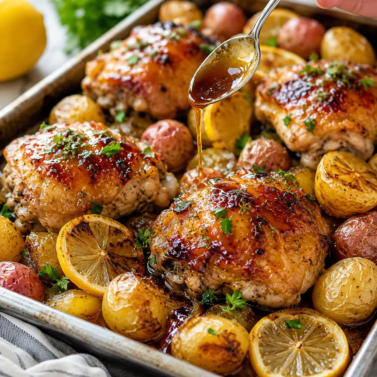 Discover the Ultimate Sheet Pan Lemon Balsamic Chicken and Potatoes! 1 Sheet Pan Lemon Balsamic Chicken and Potatoes arranged neatly for recipe card with roasted chicken, potatoes, lemon slices, parsley, and balsamic glaze.