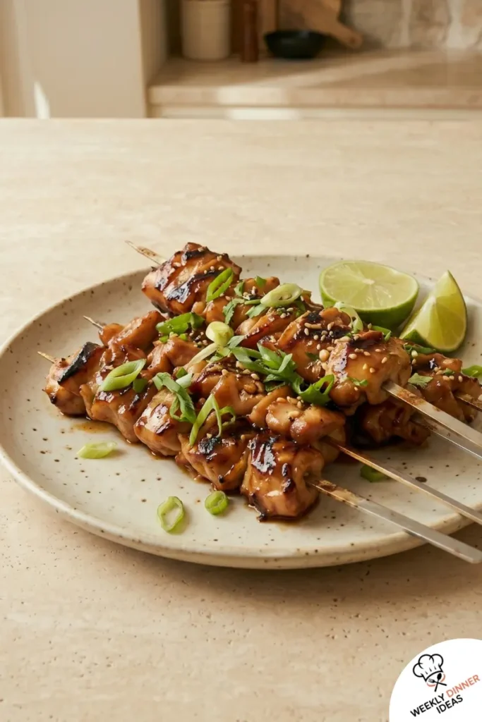 Final Sweet Chili Chicken Skewers On The Grill Final plated sweet chili chicken skewers on the grill with sticky glaze and lime wedges