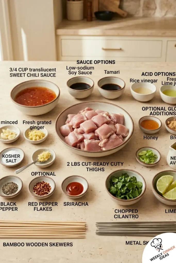 Sweet Chili Chicken Skewers On The Grill Ingredients Ingredients for sweet chili chicken skewers on the grill including chicken thighs, sweet chili sauce, soy sauce, garlic, ginger, cilantro, and lime