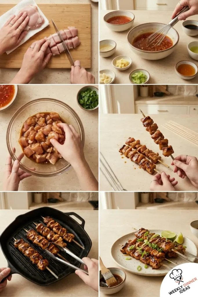 How to Make Sweet Chili Chicken Skewers On The Grill Step-by-step collage showing how to make sweet chili chicken skewers on the grill from marinating to skewering grilling and glazing