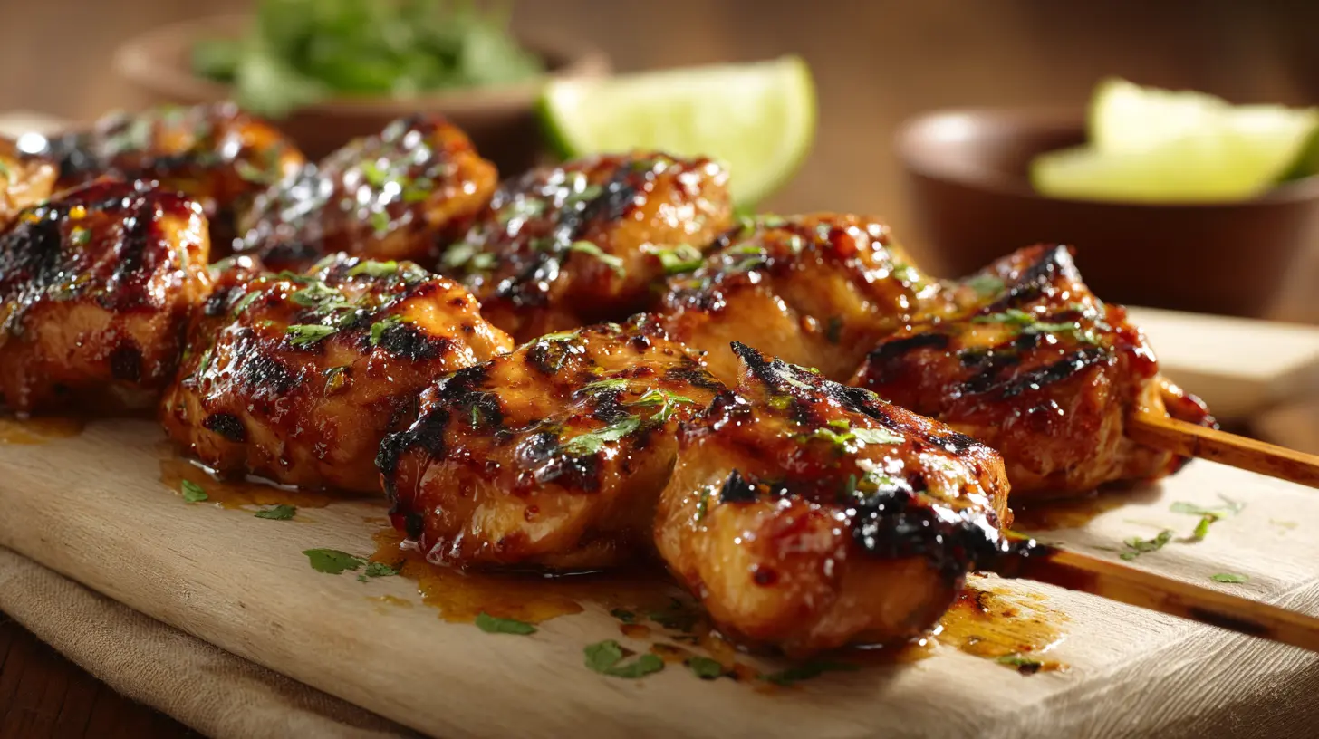 Irresistible Sweet Chili Chicken Skewers On The Grill with Amazing Flavor! 1 Square recipe image for sweet chili chicken skewers on the grill with sticky glaze and charred edges