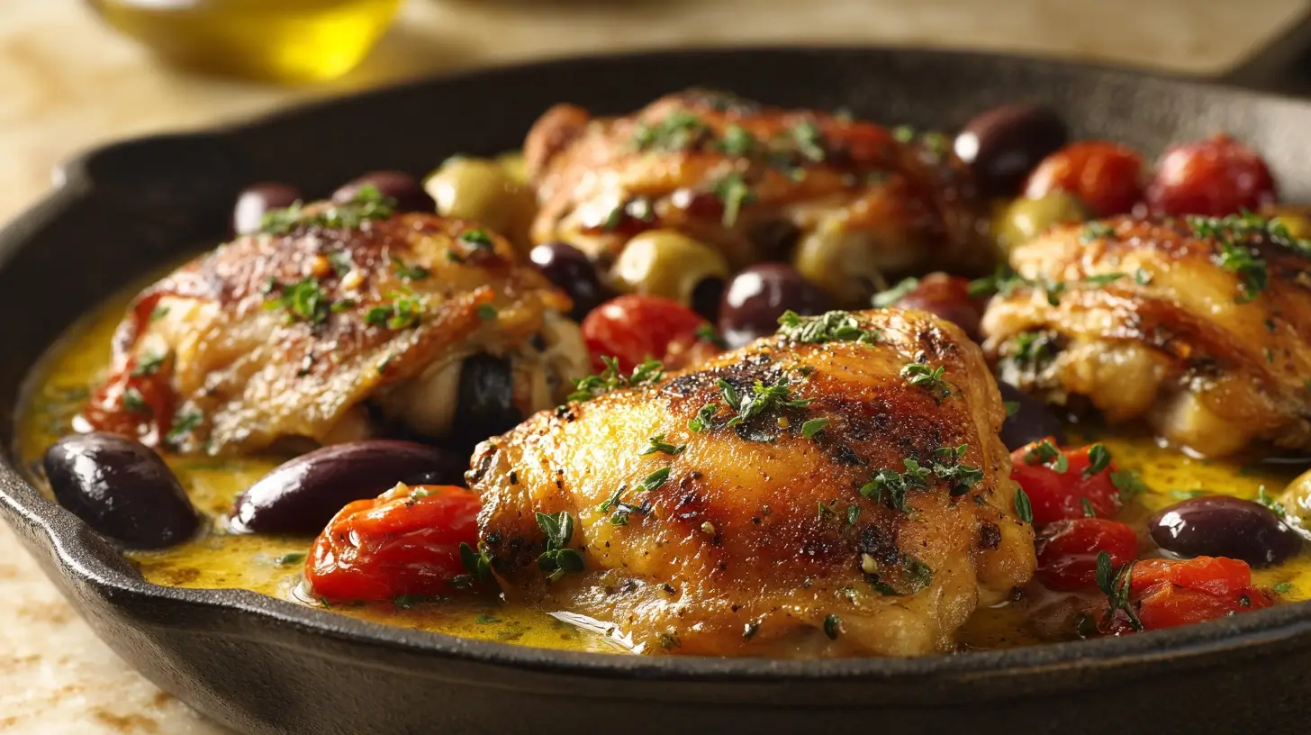 Square recipe image for Mediterranean Chicken Thighs with tomatoes, olives, lemon, and crispy skin
