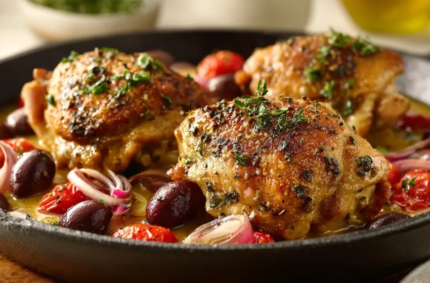 Mediterranean Chicken Thighs with crispy golden skin, roasted tomatoes, olives, and lemon