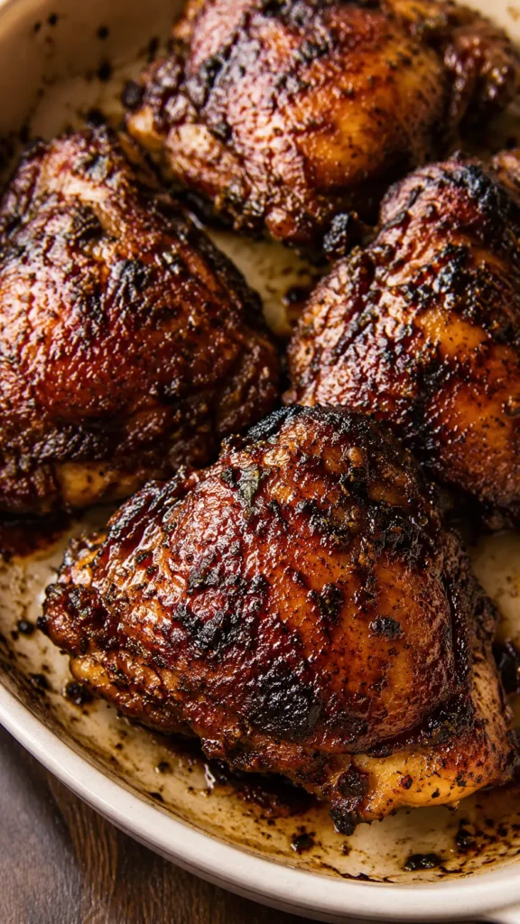 Finished island-style jerk chicken thighs with crispy skin, sticky charred jerk marinade, warm spices, and juicy meat.
