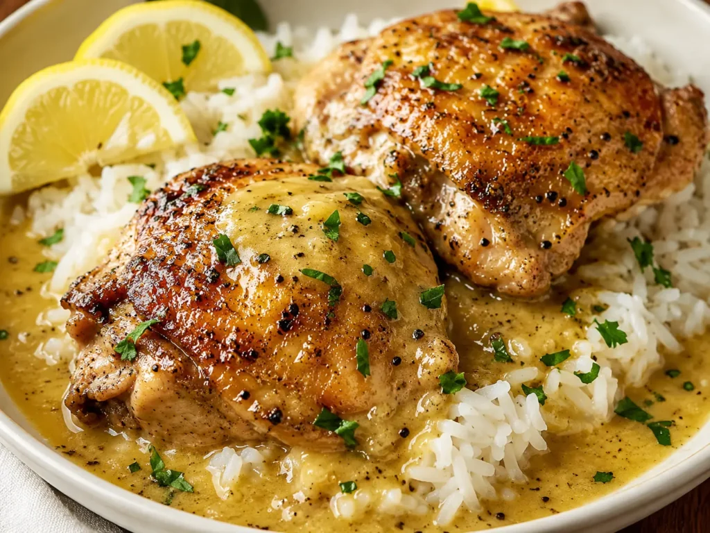 Finished lemon pepper chicken thighs with crispy skin, fluffy rice, silky pan gravy, parsley, and lemon wedges.