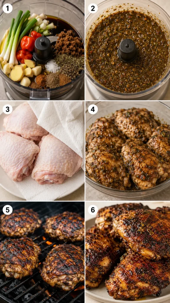 Six-step photo collage showing how to blend jerk marinade, coat chicken thighs, grill or roast, rest, and finish island-style jerk chicken.
