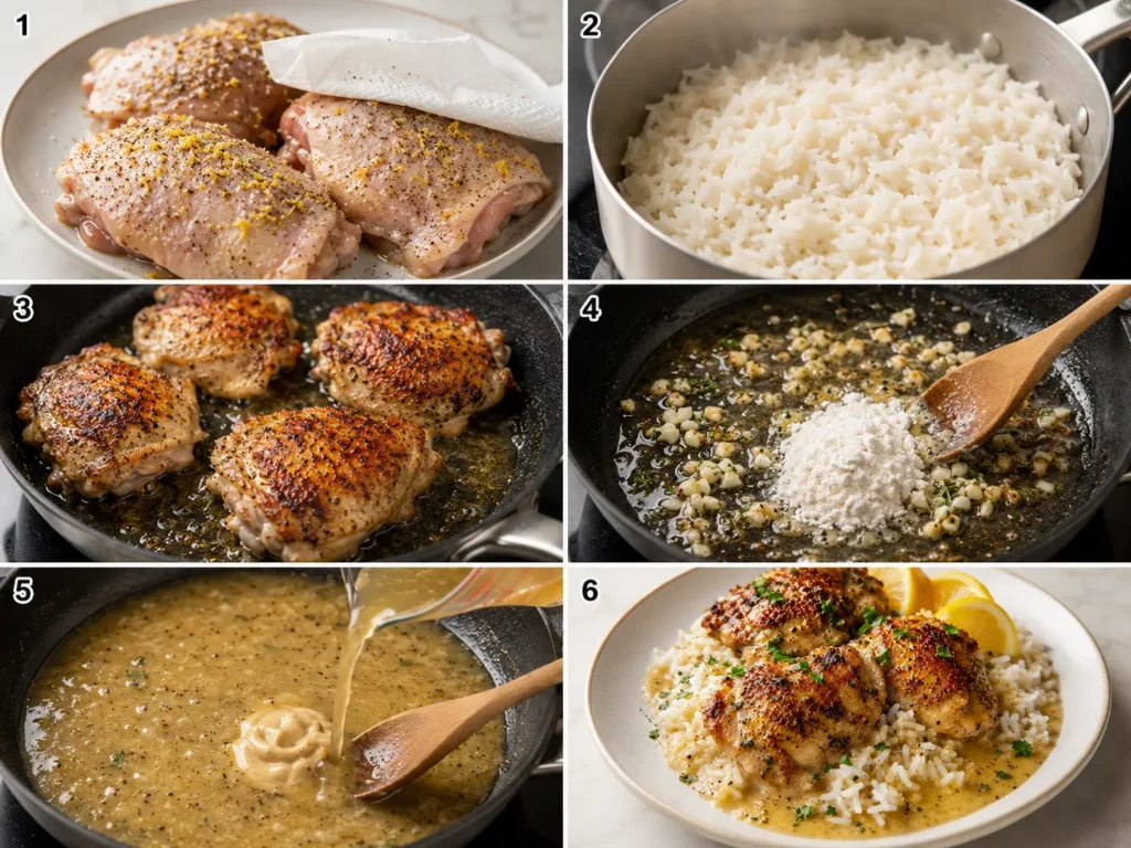 Six-step photo collage showing how to season, cook rice, sear chicken, make lemon pepper gravy, finish, and serve over rice.