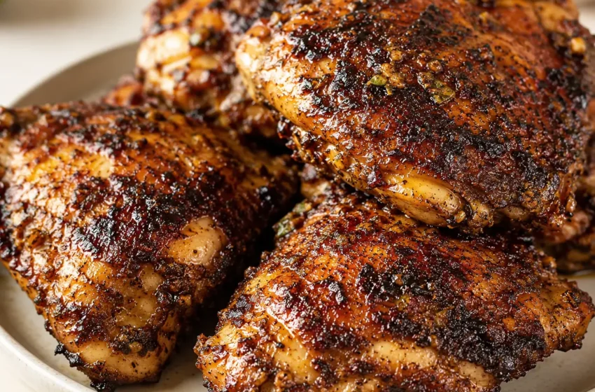 Island-style jerk chicken thighs with crispy skin, sticky charred marinade, warm spices, scallions, thyme, and hot pepper flavor.