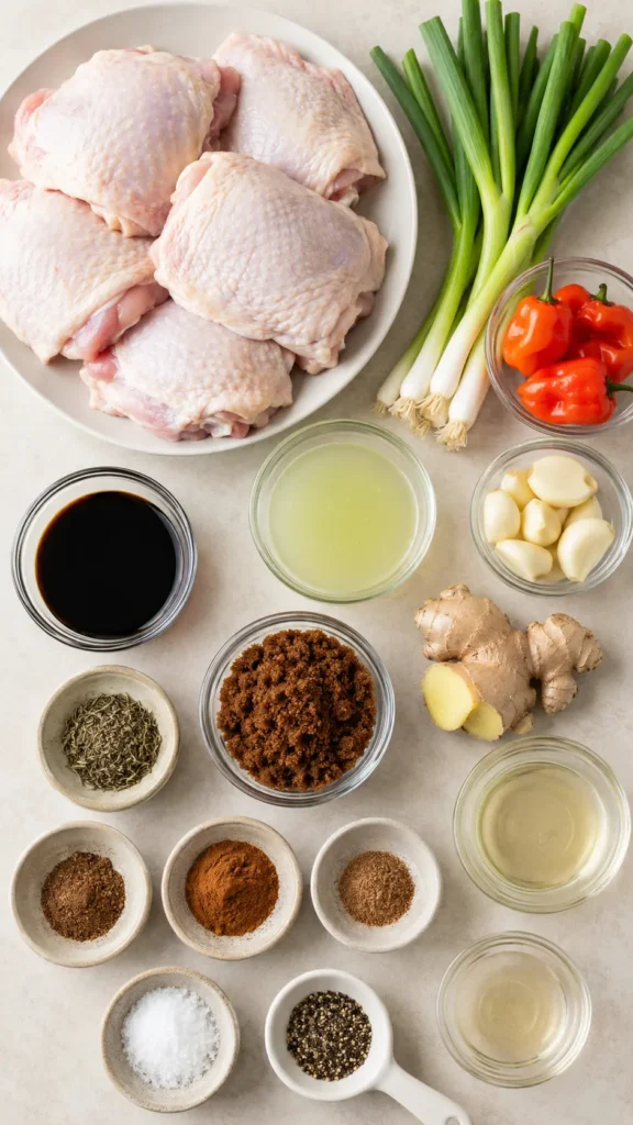 Ingredients for island-style jerk chicken thigh marinade including chicken thighs, scallions, Scotch bonnet peppers, garlic, ginger, lime juice, soy sauce, brown sugar, thyme, and spices.