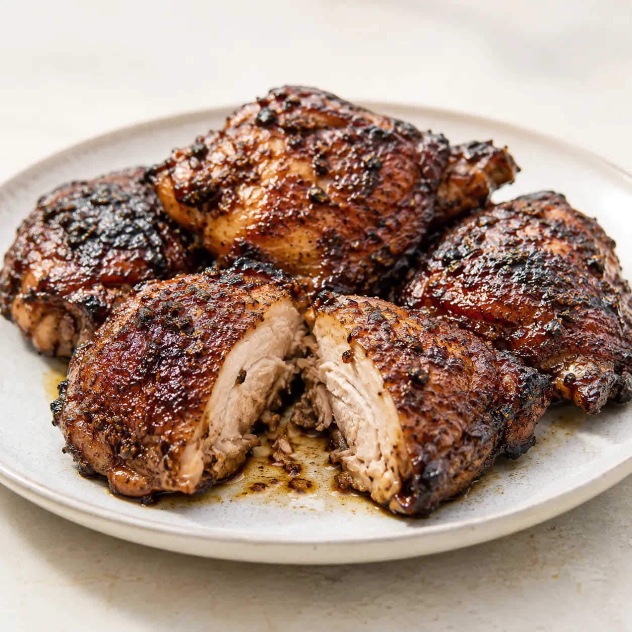 Square recipe image of island-style jerk chicken thighs with crispy skin, sticky charred marinade, and juicy texture.