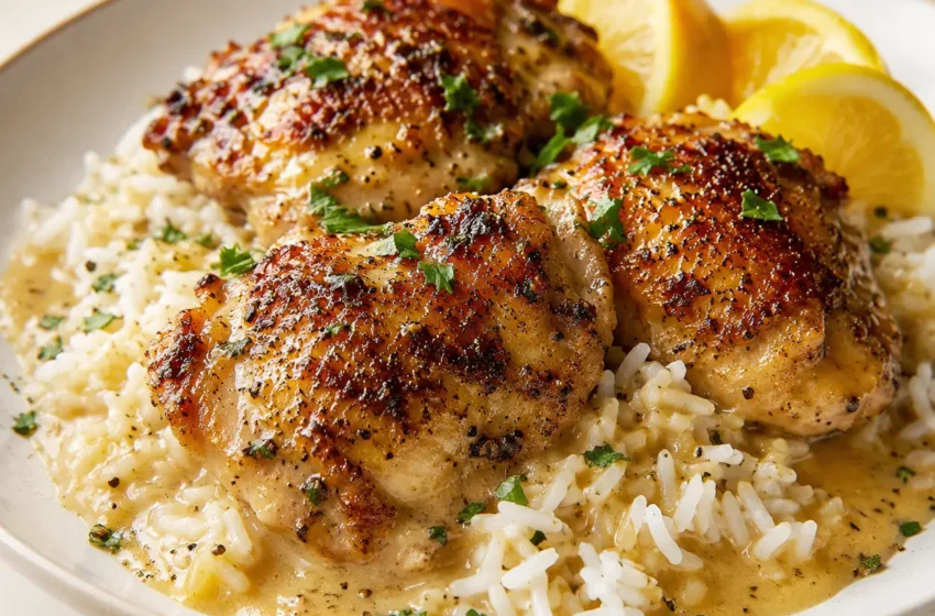 Lemon pepper chicken thighs with crispy golden skin, rice, silky pan gravy, parsley, and lemon wedges.