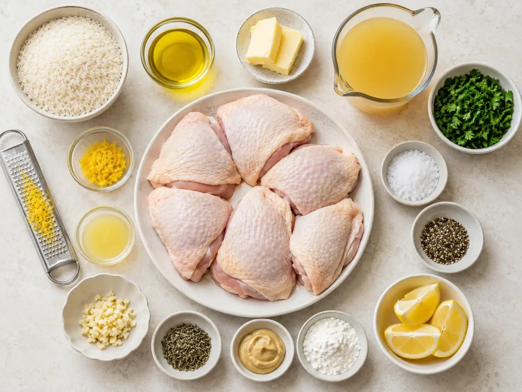 Ingredients for lemon pepper chicken thighs with rice gravy including chicken thighs, lemon, black pepper, garlic, butter, broth, flour or cornstarch, rice, parsley, and Dijon.