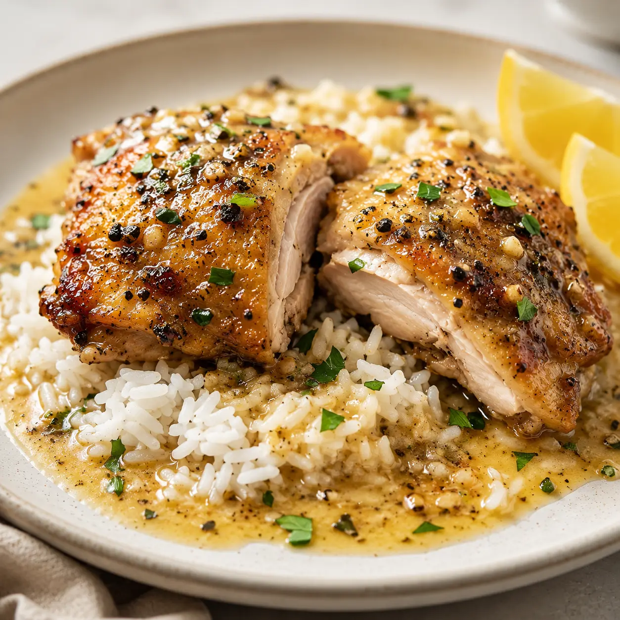 Square recipe image of lemon pepper chicken thighs with rice, silky gravy, parsley, and lemon wedges.