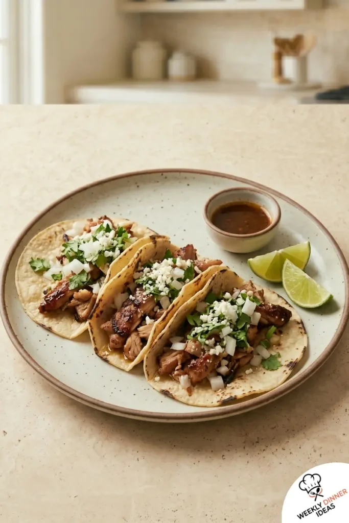 Final Authentic Mexican Chicken Street Tacos Final plated authentic Mexican chicken street tacos with onion, cilantro, and lime