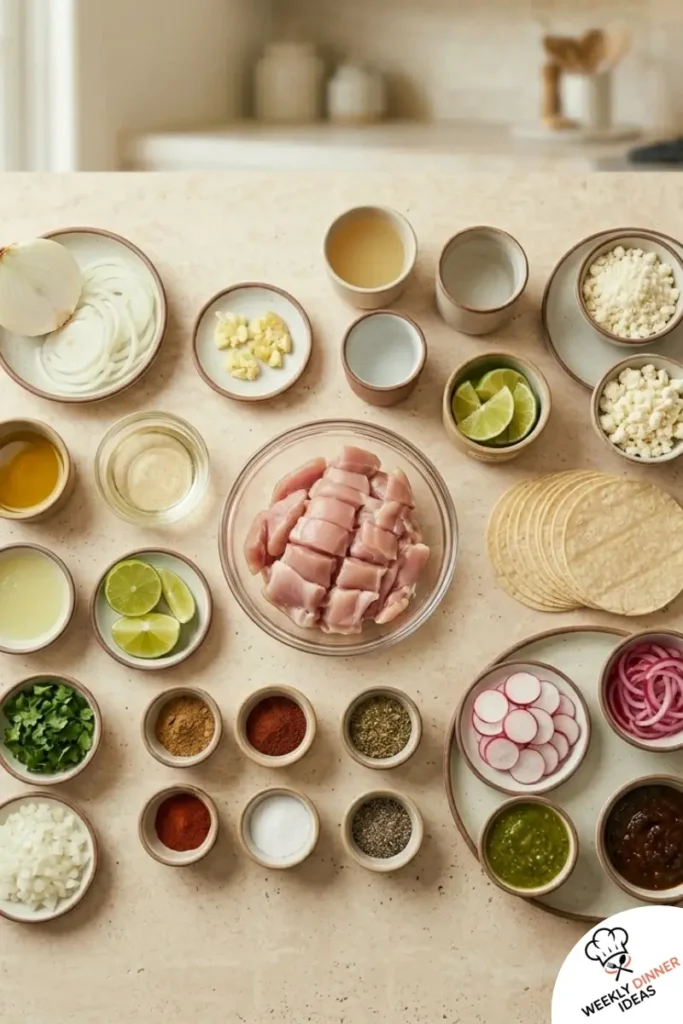 Authentic Mexican Chicken Street Tacos Ingredients Ingredients for authentic Mexican chicken street tacos including chicken thighs, white onion, cilantro, lime, corn tortillas, and taco spices