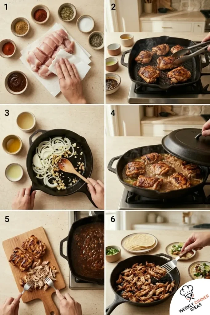 How to Make Authentic Mexican Chicken Street Tacos Step-by-step collage showing how to make authentic Mexican chicken street tacos from searing and braising to crisping and assembling