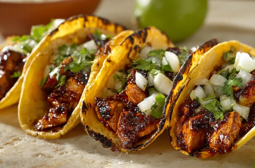 Authentic Mexican chicken street tacos with chopped chicken, white onion, cilantro, and lime