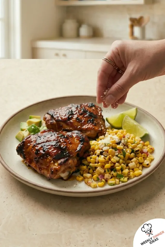 Final Grilled Hot Honey Chicken with Sweet Corn Salad Final plated grilled hot honey chicken with sweet corn salad and lime