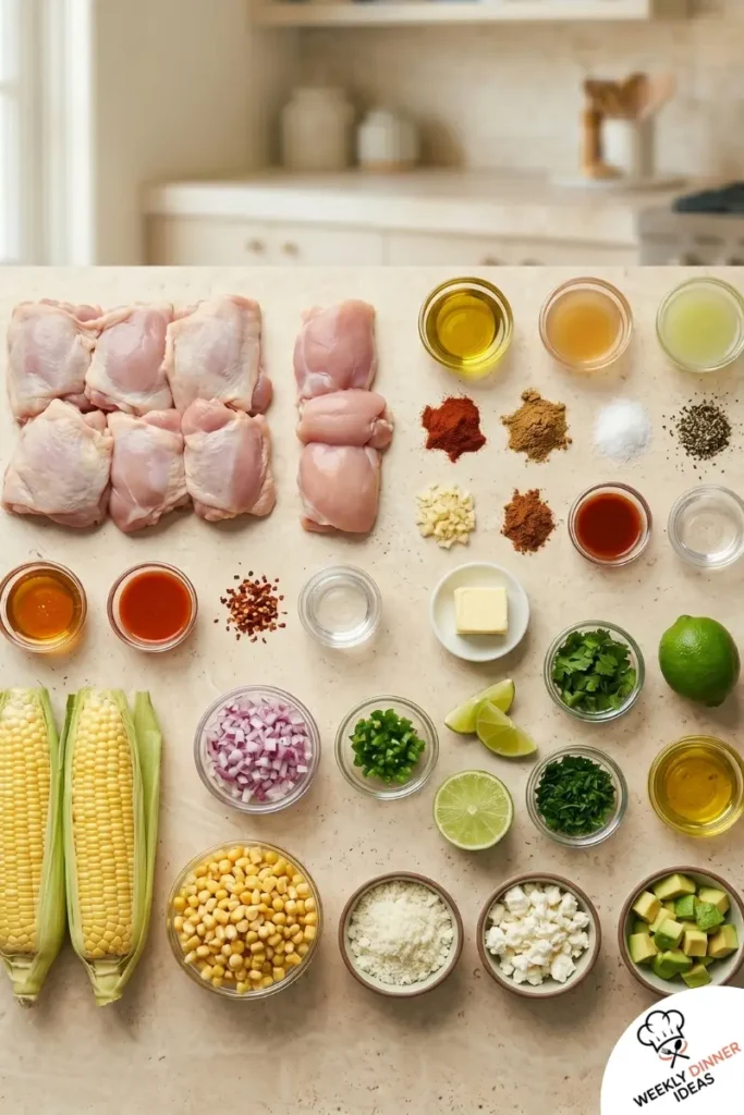 Grilled Hot Honey Chicken with Sweet Corn Salad Ingredients Ingredients for grilled hot honey chicken with sweet corn salad including chicken thighs, honey, hot sauce, corn, red onion, cilantro, lime, and avocado