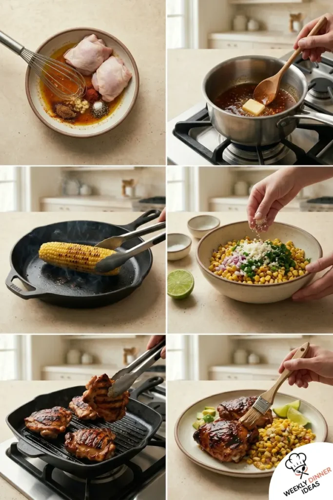 How to Make Grilled Hot Honey Chicken with Sweet Corn Salad Step-by-step collage showing how to make grilled hot honey chicken with sweet corn salad
