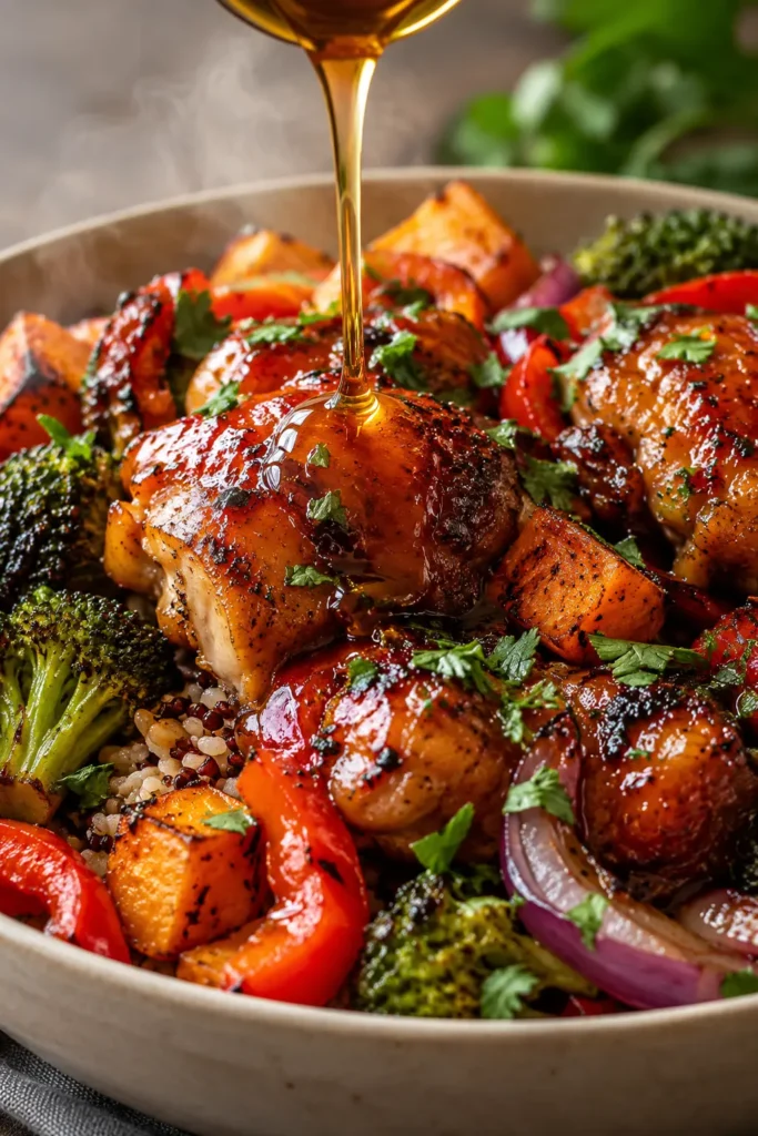 sheetpan-hot-honey-chicken-bowls-final Close-up of Sheetpan Hot Honey Chicken Bowl with sticky glazed chicken, roasted vegetables, rice, herbs, and extra honey drizzle.
