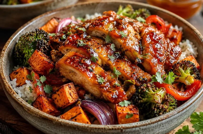 Sheetpan Hot Honey Chicken Bowls with sticky glazed chicken thighs, roasted sweet potatoes, broccoli, red bell pepper, red onion, rice, and fresh herbs.