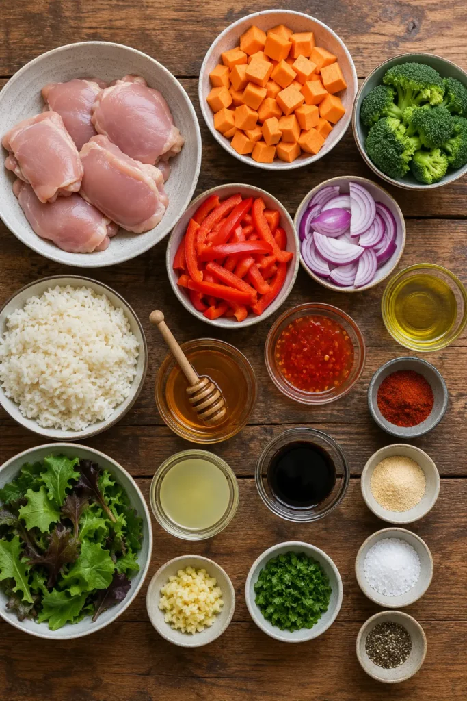 sheetpan-hot-honey-chicken-bowls-ingredients Ingredients for Sheetpan Hot Honey Chicken Bowls arranged on a rustic wooden kitchen table.