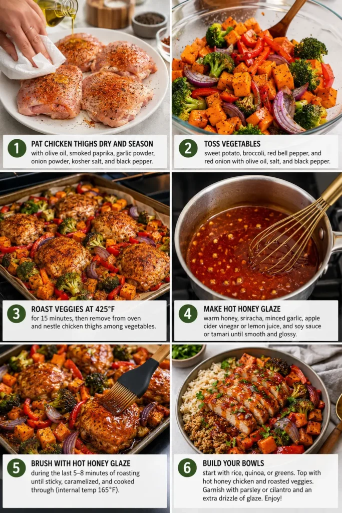 sheetpan-hot-honey-chicken-bowls-steps Six-step collage showing how to prepare Sheetpan Hot Honey Chicken Bowls.
