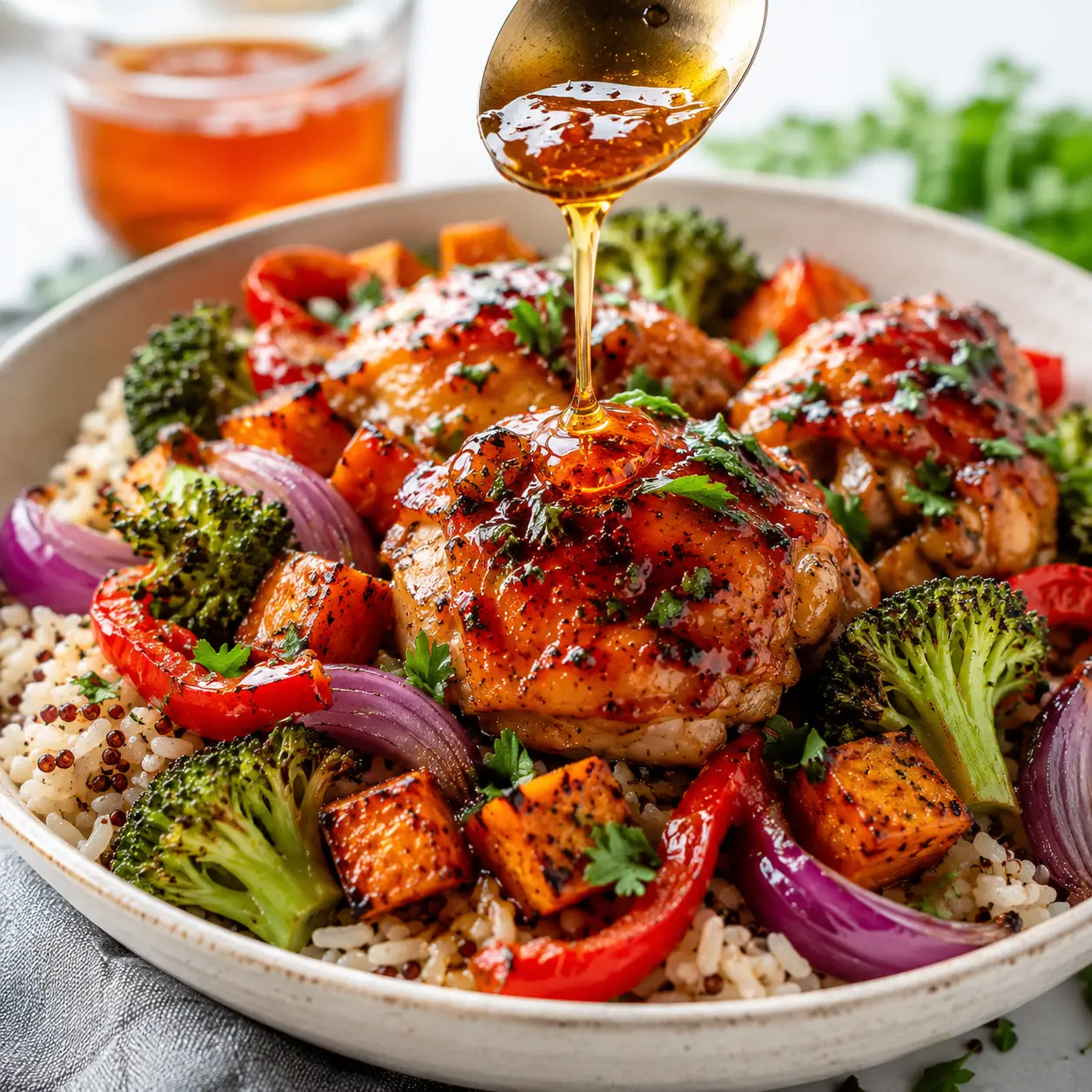 Discover the Ultimate Sheetpan Hot Honey Chicken Bowls Recipe! 1 Sheetpan Hot Honey Chicken Bowls arranged neatly for recipe card with glazed chicken, roasted vegetables, rice, and fresh herbs.