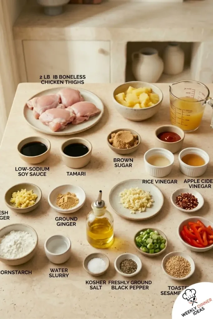Slow Cooker Hawaiian Pineapple Chicken Ingredients Ingredients for Slow Cooker Hawaiian Pineapple Chicken including chicken thighs, pineapple, soy sauce, brown sugar, ketchup, garlic, ginger, and green onions