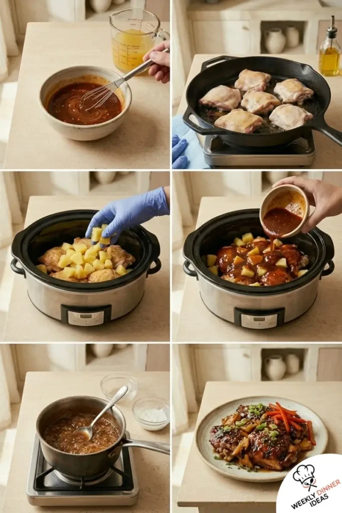 How to Make Slow Cooker Hawaiian Pineapple Chicken Step-by-step collage showing how to make Slow Cooker Hawaiian Pineapple Chicken from mixing the sauce to slow cooking and thickening