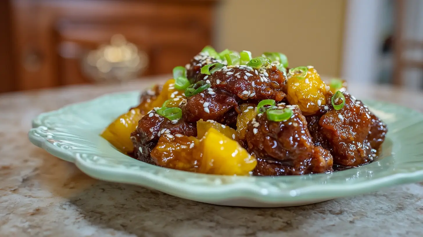 Discover the Ultimate Slow Cooker Hawaiian Pineapple Chicken Recipe! 1 Square recipe image for Slow Cooker Hawaiian Pineapple Chicken with pineapple and glossy sauce