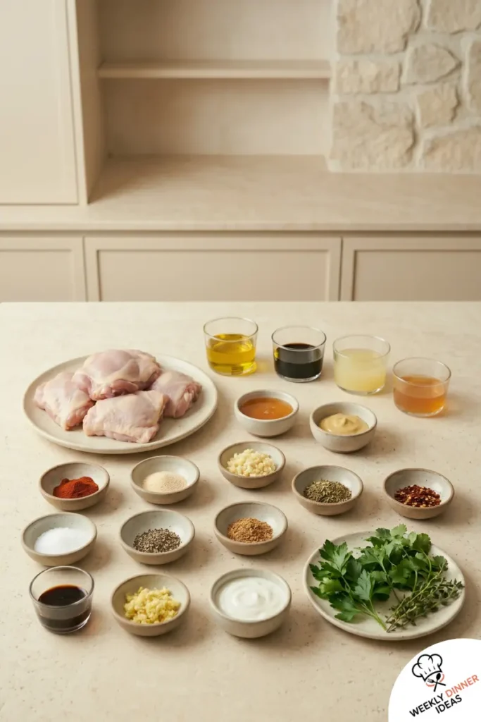 Chicken Thigh Marinade Ingredients Ingredients for chicken thigh marinade arranged on a pale kitchen countertop