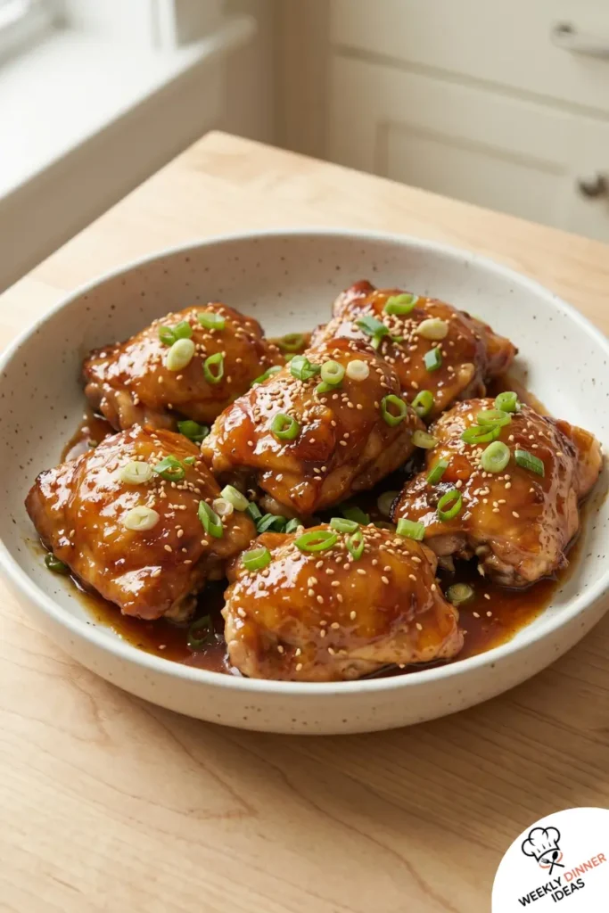 Finished sticky apricot chicken thighs with glossy apricot glaze, green onions, and sesame seeds.