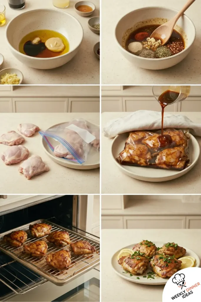 How to Make Chicken Thigh Marinade Six-step visual guide showing how to make chicken thigh marinade and cook marinated chicken thighs.