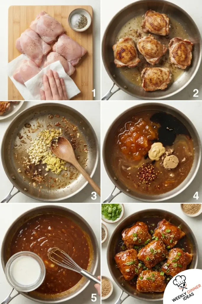 Six-step photo collage showing how to season, sear, glaze, thicken, coat, and garnish sticky apricot chicken thighs.