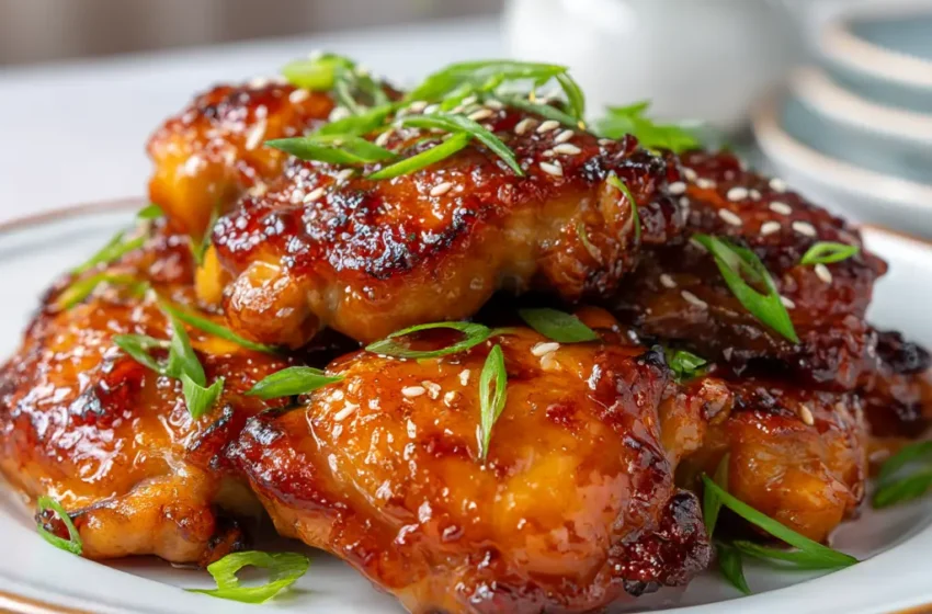 Sticky apricot chicken thighs coated in a glossy apricot glaze with green onions and sesame seeds.