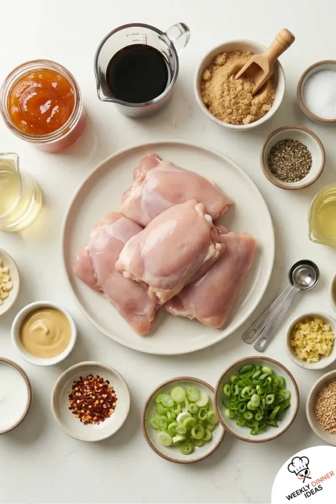 Ingredients for sticky apricot chicken thighs including chicken, apricot jam, soy sauce, garlic, ginger, vinegar, spices, green onions, and sesame seeds.