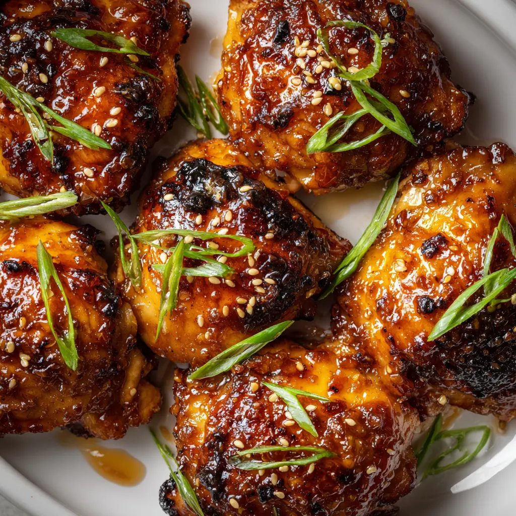 Square recipe image of sticky apricot chicken thighs with glossy apricot glaze, green onions, and sesame seeds.