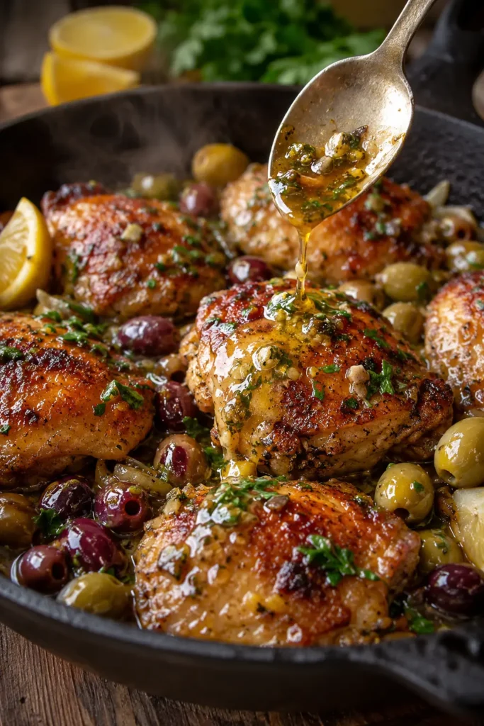 Close-up of Chicken Thighs with Lemon, Garlic, and Olives with glossy sauce, parsley, and lemon wedges.