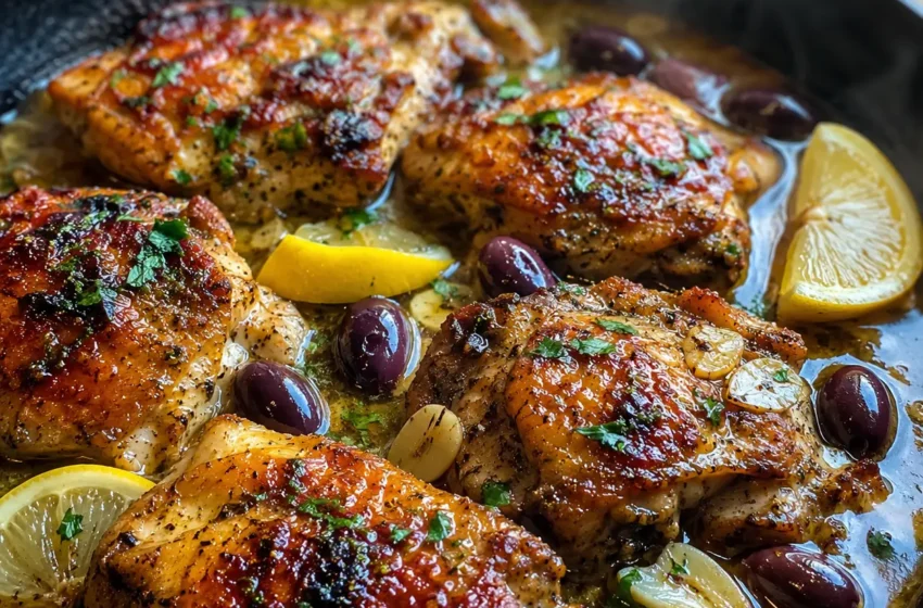 Chicken Thighs with Lemon, Garlic, and Olives in a skillet with golden chicken, Kalamata olives, lemon wedges, garlic, and parsley.
